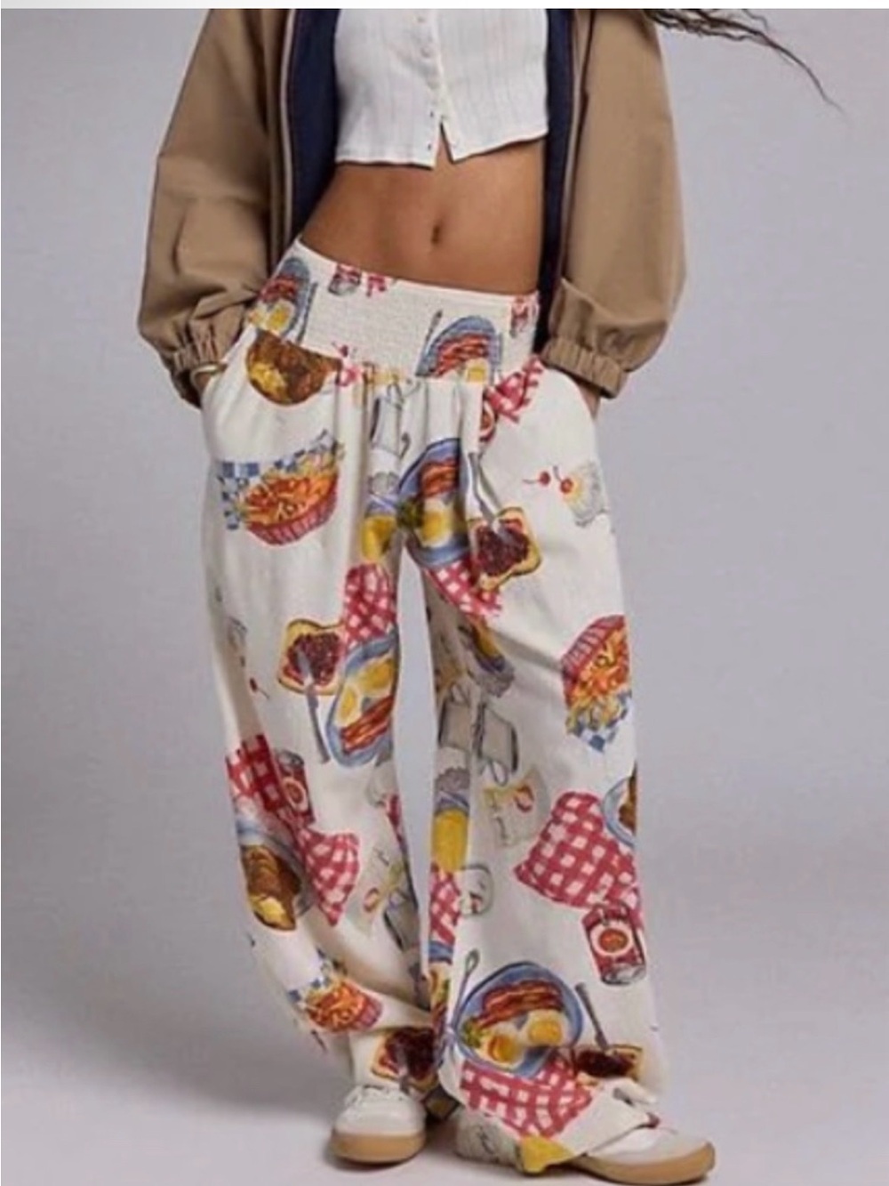 Kimchi Blue Caroline Smocked Wide Leg Linen-Blend Pants in Dinner Food
